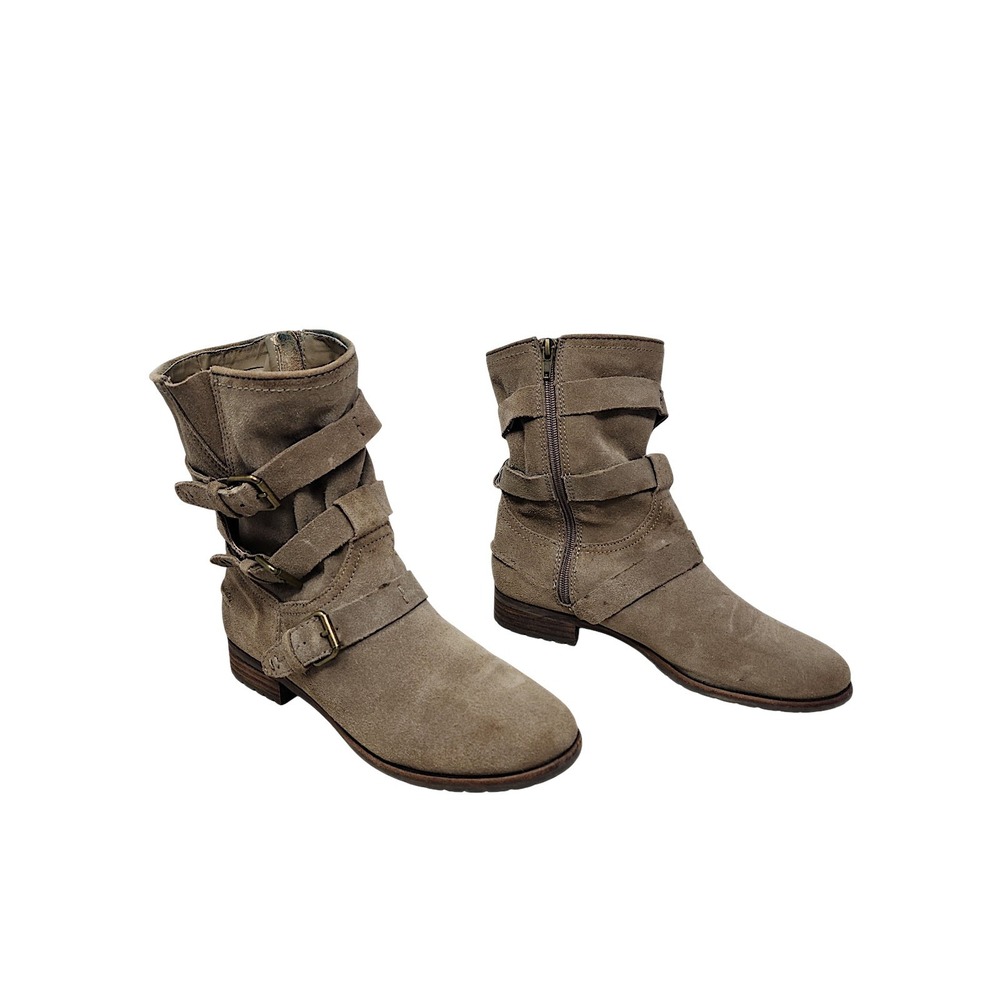 DV Dolce Vita Ferin Moto Boot 7.5 Taupe Suede Buckle Biker Slouchy Grunge Boho